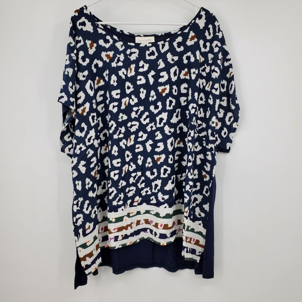 NWT Loralette Mixed Media Blue Cheetah Print Dolman Sleeve Blouse 26/28